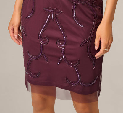 Short Sleeve Beaded Illusion Sheath Dress - Night Plum | Adrianna Papell