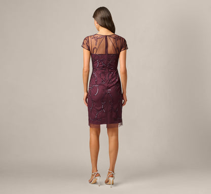Short Sleeve Beaded Illusion Sheath Dress - Night Plum | Adrianna Papell