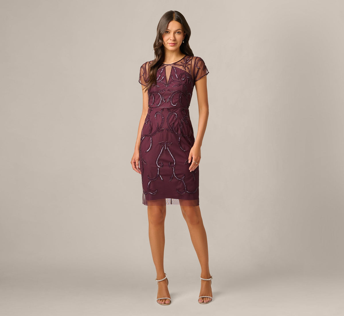 Short Sleeve Beaded Illusion Sheath Dress - Night Plum | Adrianna Papell