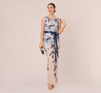 Short Sleeve Floral Embroidered Gown With Ribbon Tie Waist - Midnight Multi Nude | Adrianna Papell