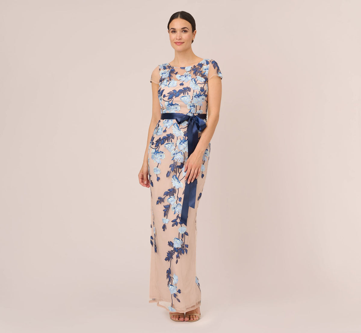 Short Sleeve Floral Embroidered Gown With Ribbon Tie Waist - Midnight Multi Nude | Adrianna Papell