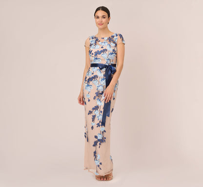Short Sleeve Floral Embroidered Gown With Ribbon Tie Waist - Midnight Multi Nude | Adrianna Papell