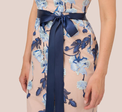 Short Sleeve Floral Embroidered Gown With Ribbon Tie Waist - Midnight Multi Nude | Adrianna Papell