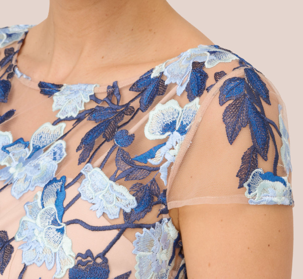 Short Sleeve Floral Embroidered Gown With Ribbon Tie Waist - Midnight Multi Nude | Adrianna Papell