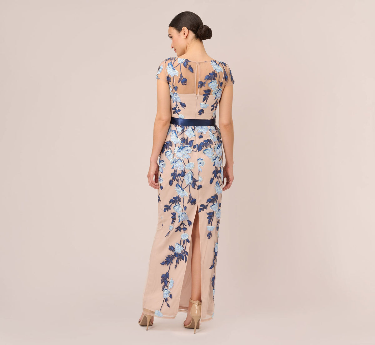 Short Sleeve Floral Embroidered Gown With Ribbon Tie Waist - Midnight Multi Nude | Adrianna Papell