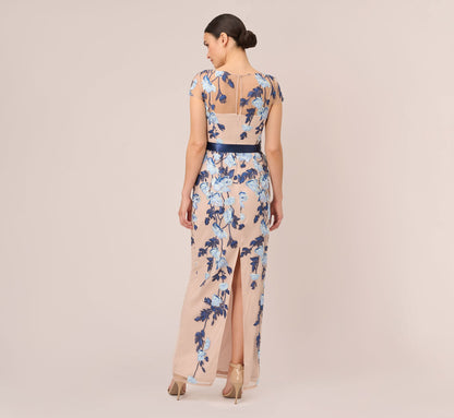 Short Sleeve Floral Embroidered Gown With Ribbon Tie Waist - Midnight Multi Nude | Adrianna Papell
