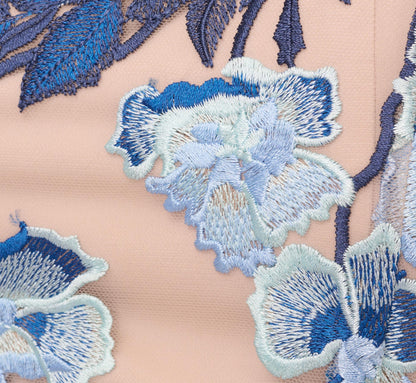 Short Sleeve Floral Embroidered Gown With Ribbon Tie Waist - Midnight Multi Nude | Adrianna Papell