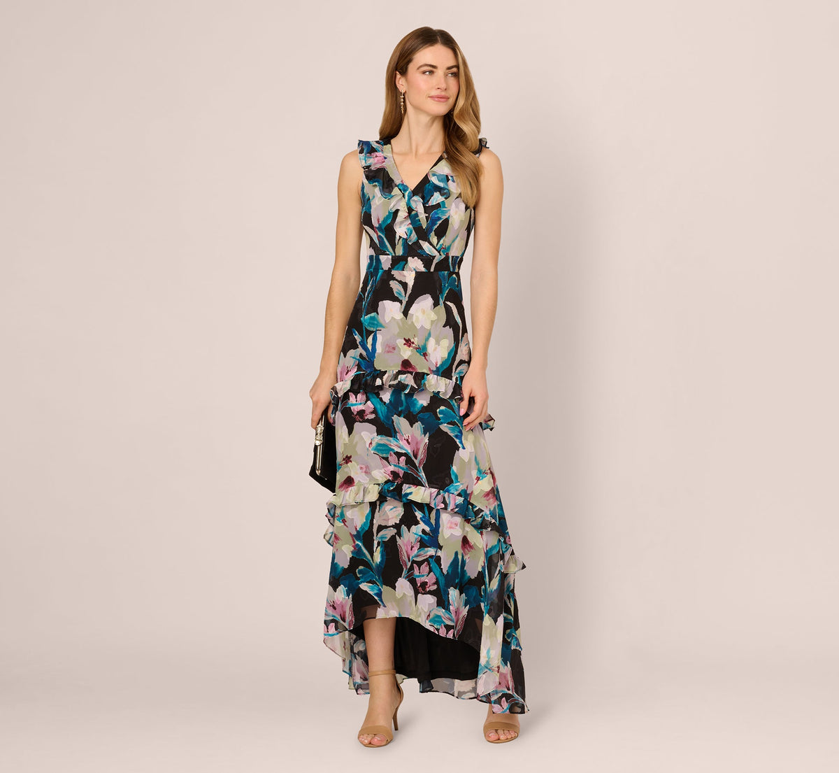 Sleeveless Floral Chiffon High Low Ruffle Gown - Black Multi | Adrianna Papell