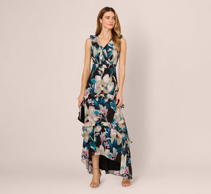 Sleeveless Floral Chiffon High Low Ruffle Gown - Black Multi | Adrianna Papell