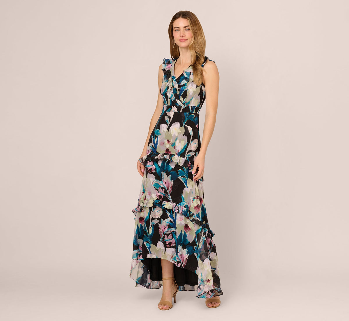Sleeveless Floral Chiffon High Low Ruffle Gown - Black Multi | Adrianna Papell