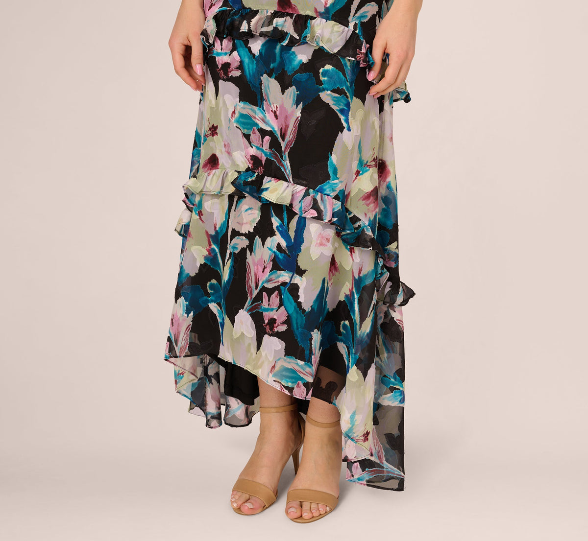 Sleeveless Floral Chiffon High Low Ruffle Gown - Black Multi | Adrianna Papell