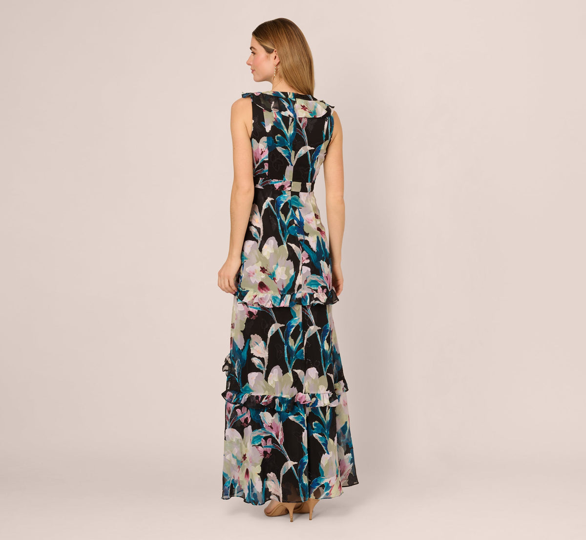 Sleeveless Floral Chiffon High Low Ruffle Gown - Black Multi | Adrianna Papell