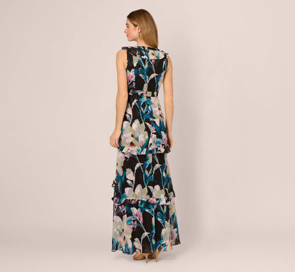Sleeveless Floral Chiffon High Low Ruffle Gown - Black Multi | Adrianna Papell