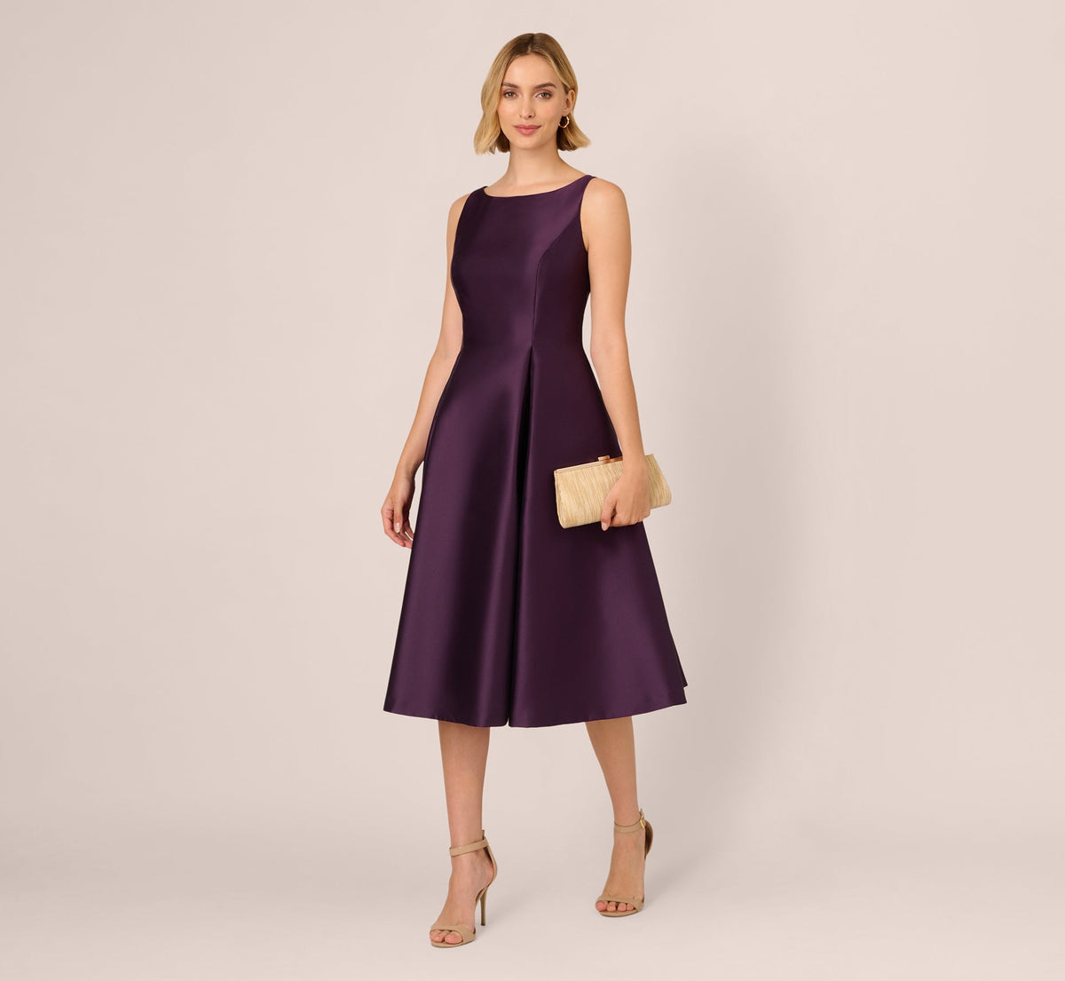 Sleeveless Mikado Fit And Flare Midi Dress With V-Back - Luxe Plum | Adrianna Papell