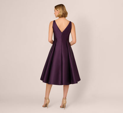 Sleeveless Mikado Fit And Flare Midi Dress With V-Back - Luxe Plum | Adrianna Papell