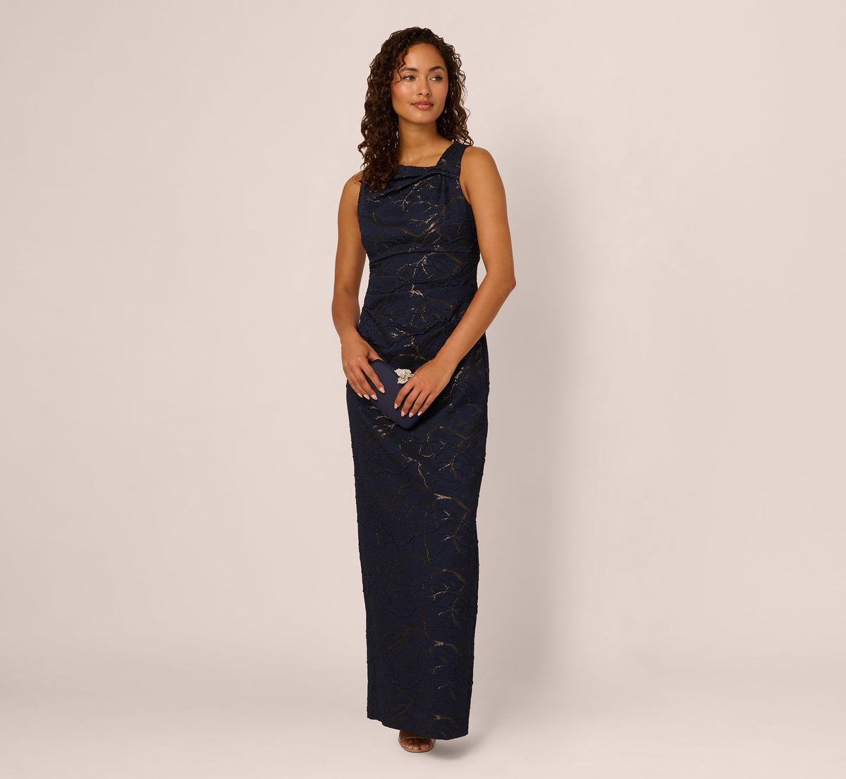 Sleeveless Jacquard Column Gown - Navy | Adrianna Papell