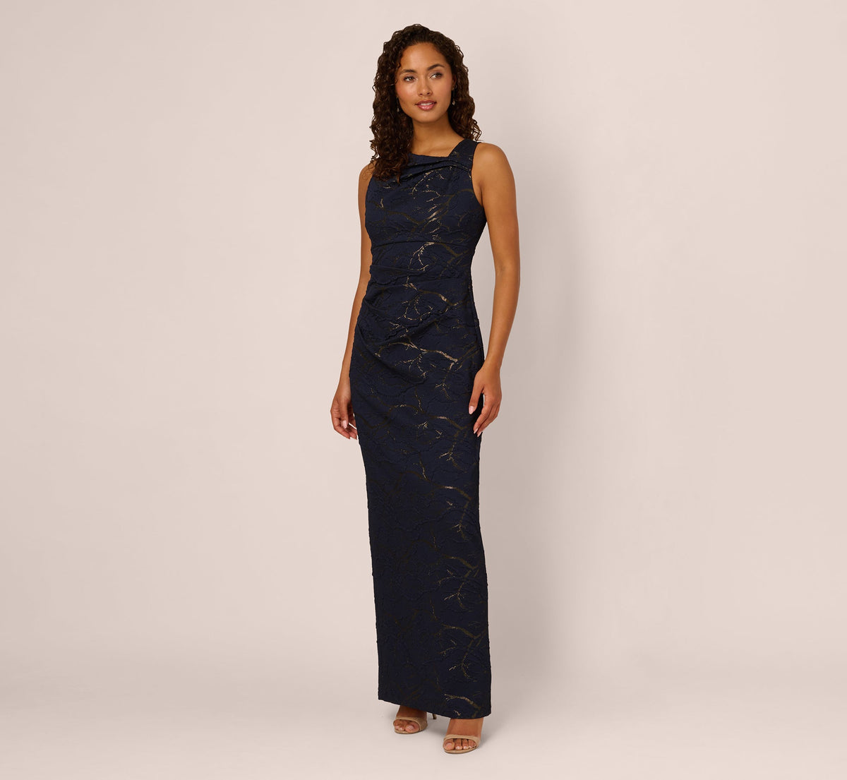 Sleeveless Jacquard Column Gown - Navy | Adrianna Papell