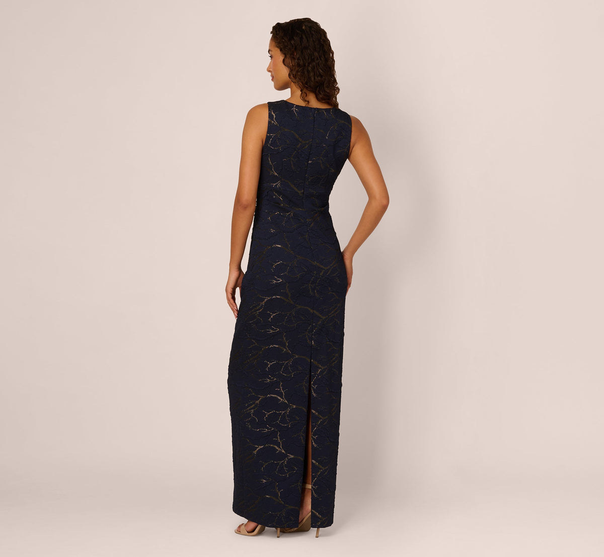 Sleeveless Jacquard Column Gown - Navy | Adrianna Papell