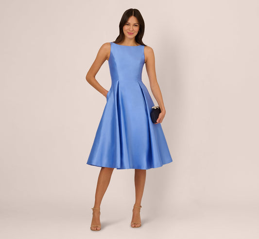 Sleeveless Mikado Fit And Flare Midi Dress With V-Back - Electric Ice | Adrianna Papell