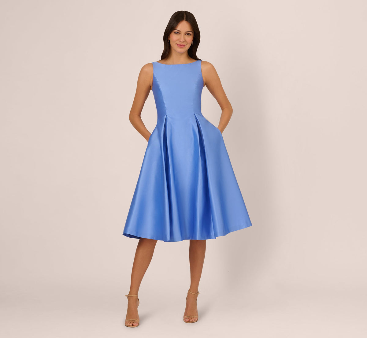 Sleeveless Mikado Fit And Flare Midi Dress With V-Back - Electric Ice | Adrianna Papell