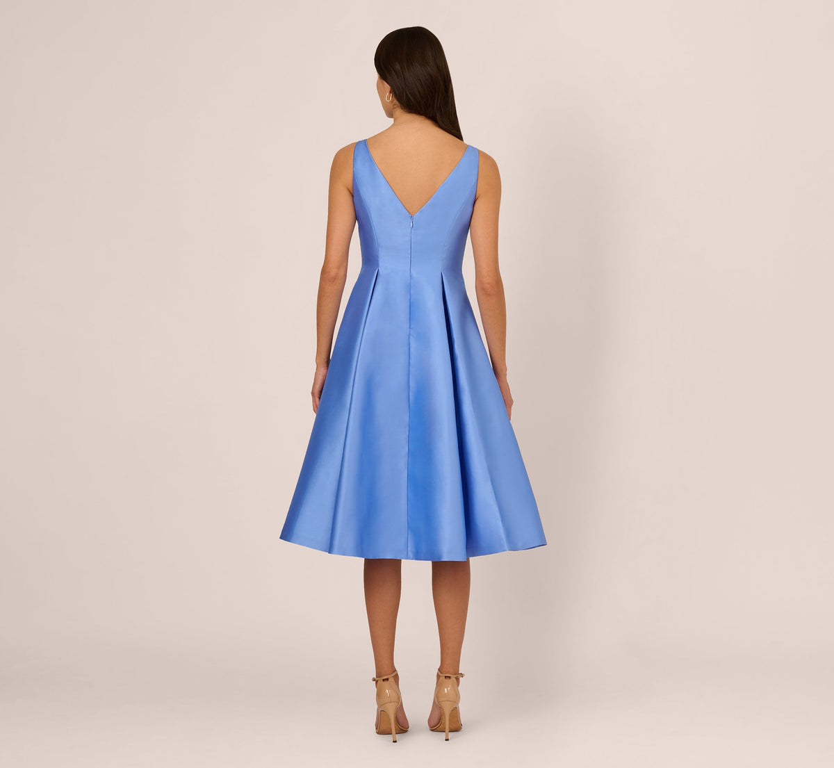 Sleeveless Mikado Fit And Flare Midi Dress With V-Back - Electric Ice | Adrianna Papell