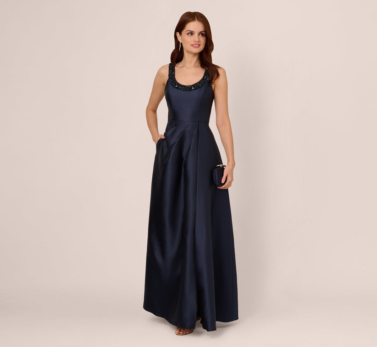 Sleeveless Beaded Mikado Fit And Flare Gown - Midnight | Adrianna Papell