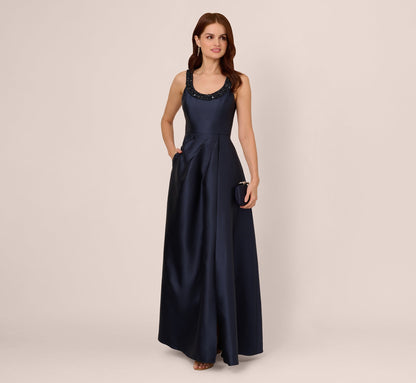 Sleeveless Beaded Mikado Fit And Flare Gown - Midnight | Adrianna Papell