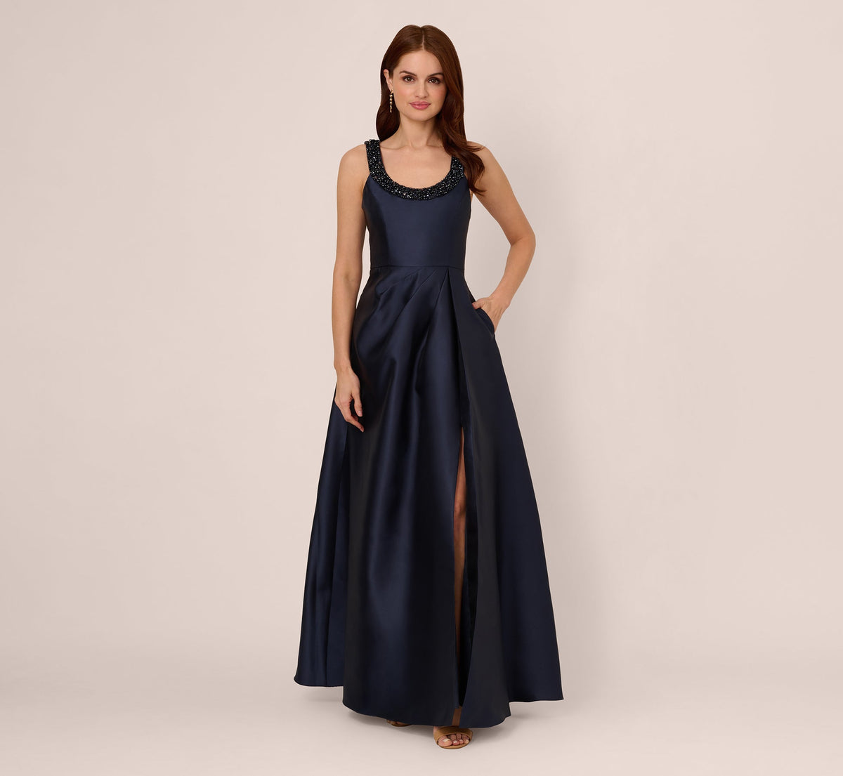 Sleeveless Beaded Mikado Fit And Flare Gown - Midnight | Adrianna Papell
