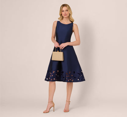 Sleeveless Taffeta Floral Cutwork Midi Dress - Light Navy | Adrianna Papell