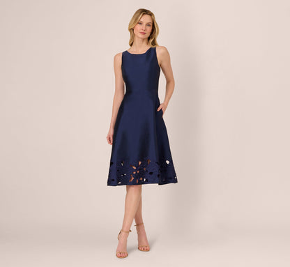 Sleeveless Taffeta Floral Cutwork Midi Dress - Light Navy | Adrianna Papell