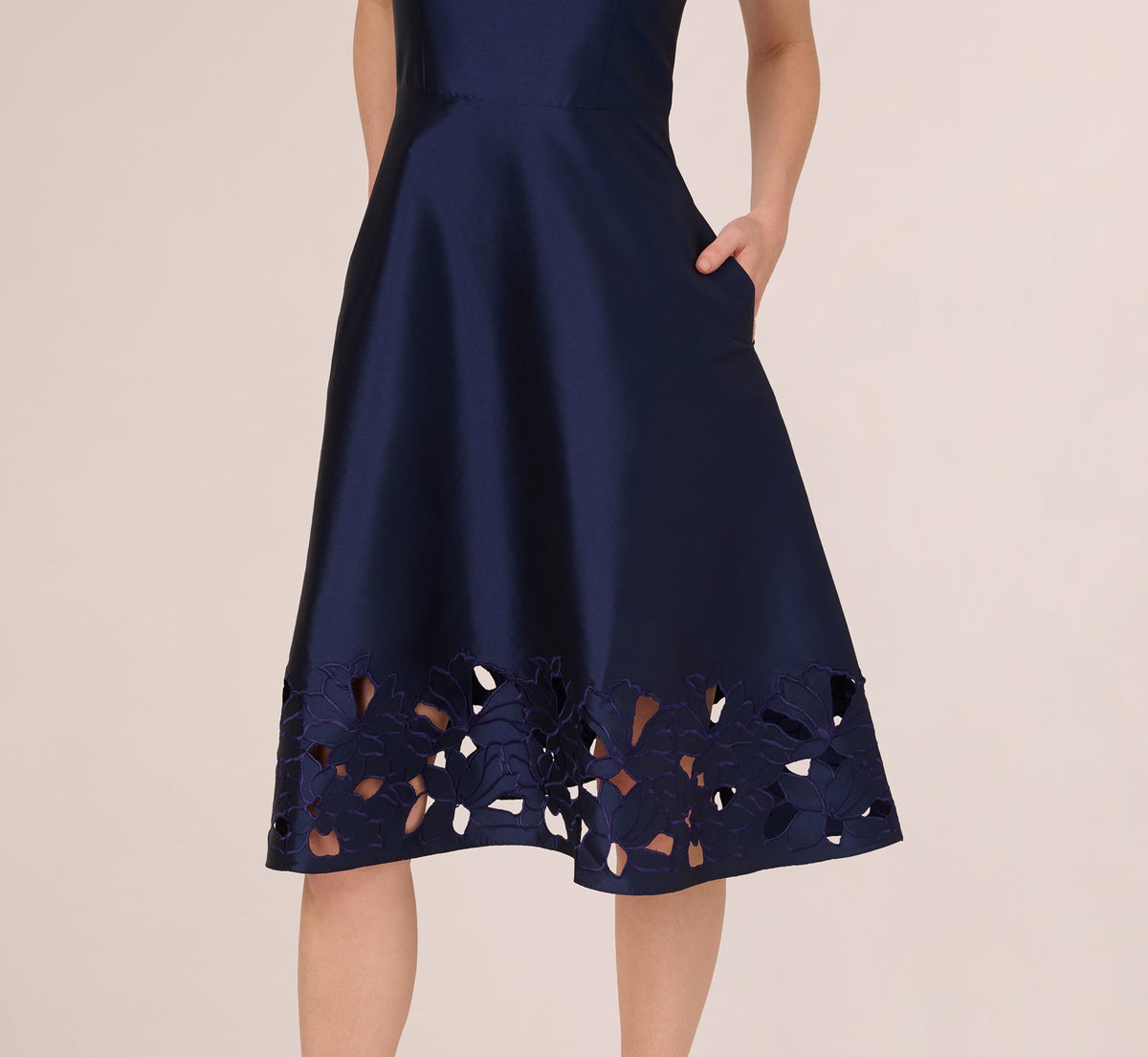 Sleeveless Taffeta Floral Cutwork Midi Dress - Light Navy | Adrianna Papell