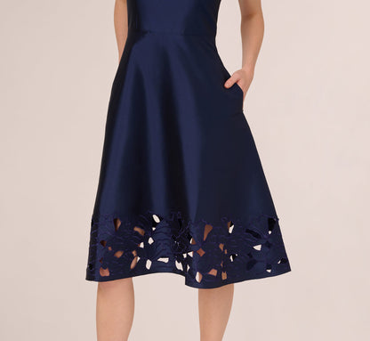 Sleeveless Taffeta Floral Cutwork Midi Dress - Light Navy | Adrianna Papell