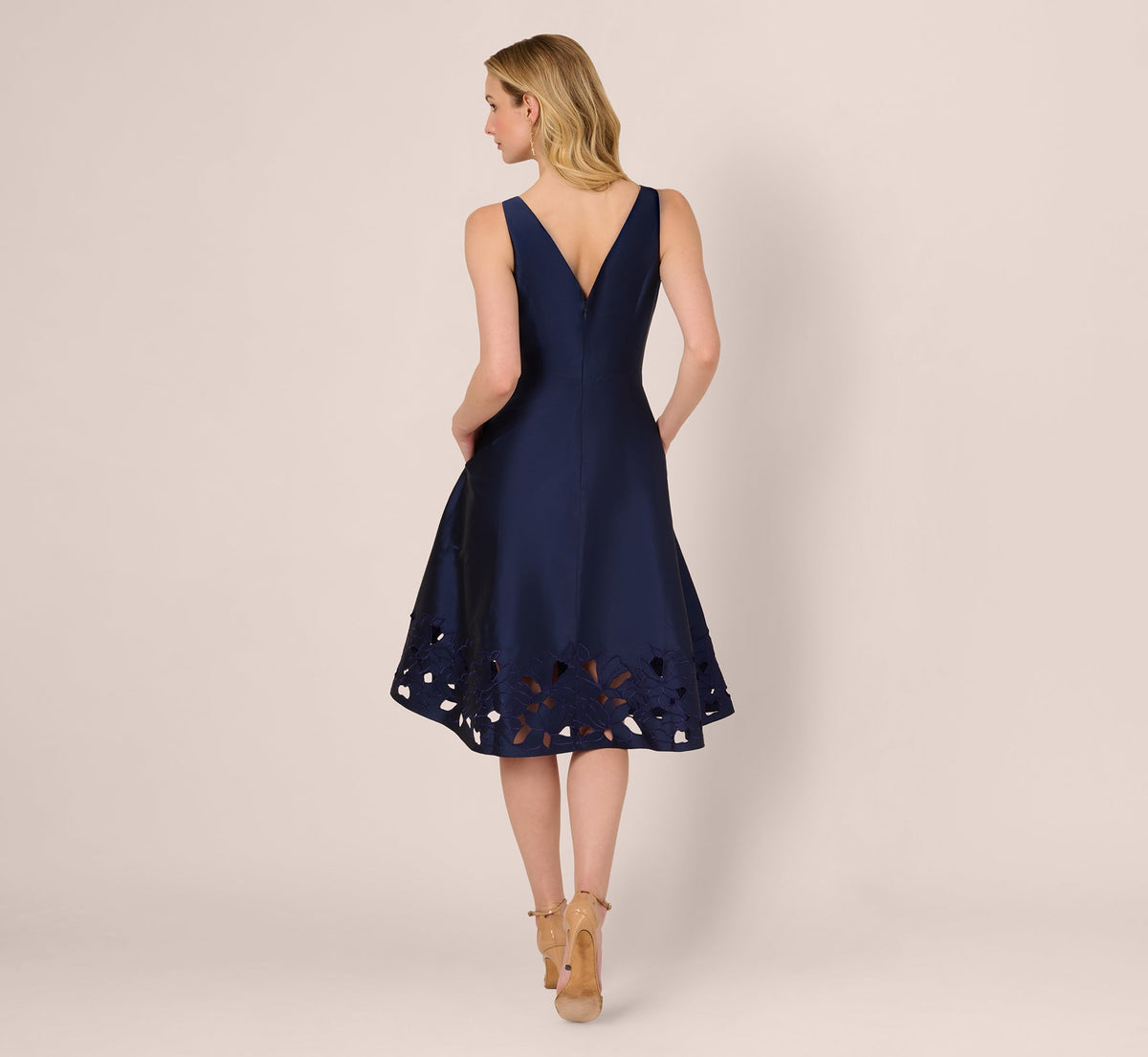 Sleeveless Taffeta Floral Cutwork Midi Dress - Light Navy | Adrianna Papell