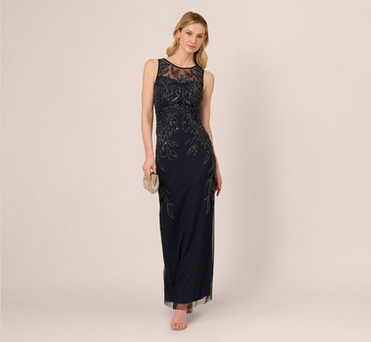 Adrianna Papell Hand-Beaded Sleeveless Slim Column Gown - Midnight | Adrianna Papell