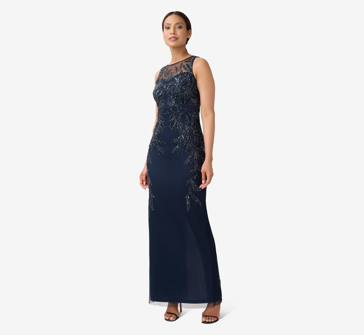 Adrianna Papell Hand-Beaded Sleeveless Slim Column Gown - Midnight | Adrianna Papell