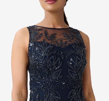 Adrianna Papell Hand-Beaded Sleeveless Slim Column Gown - Midnight | Adrianna Papell