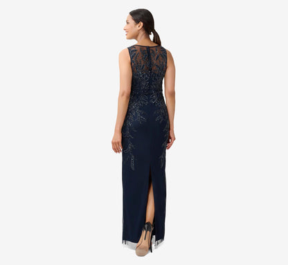 Adrianna Papell Hand-Beaded Sleeveless Slim Column Gown - Midnight | Adrianna Papell