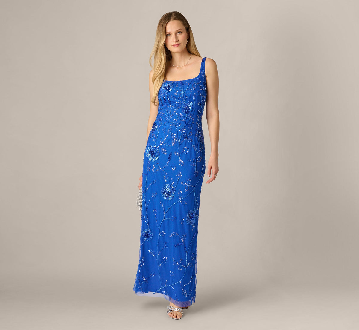 Sleeveless Floral Beaded Column Dress - Brilliant Sapphire | Adrianna Papell