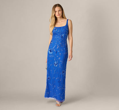 Sleeveless Floral Beaded Column Dress - Brilliant Sapphire | Adrianna Papell