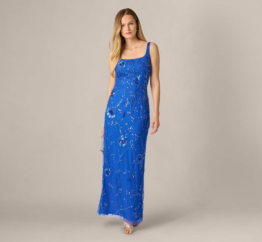Sleeveless Floral Beaded Column Dress - Brilliant Sapphire | Adrianna Papell