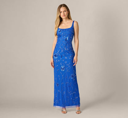 Sleeveless Floral Beaded Column Dress - Brilliant Sapphire | Adrianna Papell