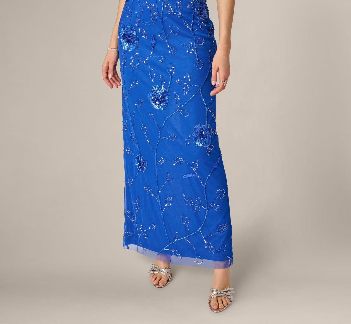 Sleeveless Floral Beaded Column Dress - Brilliant Sapphire | Adrianna Papell