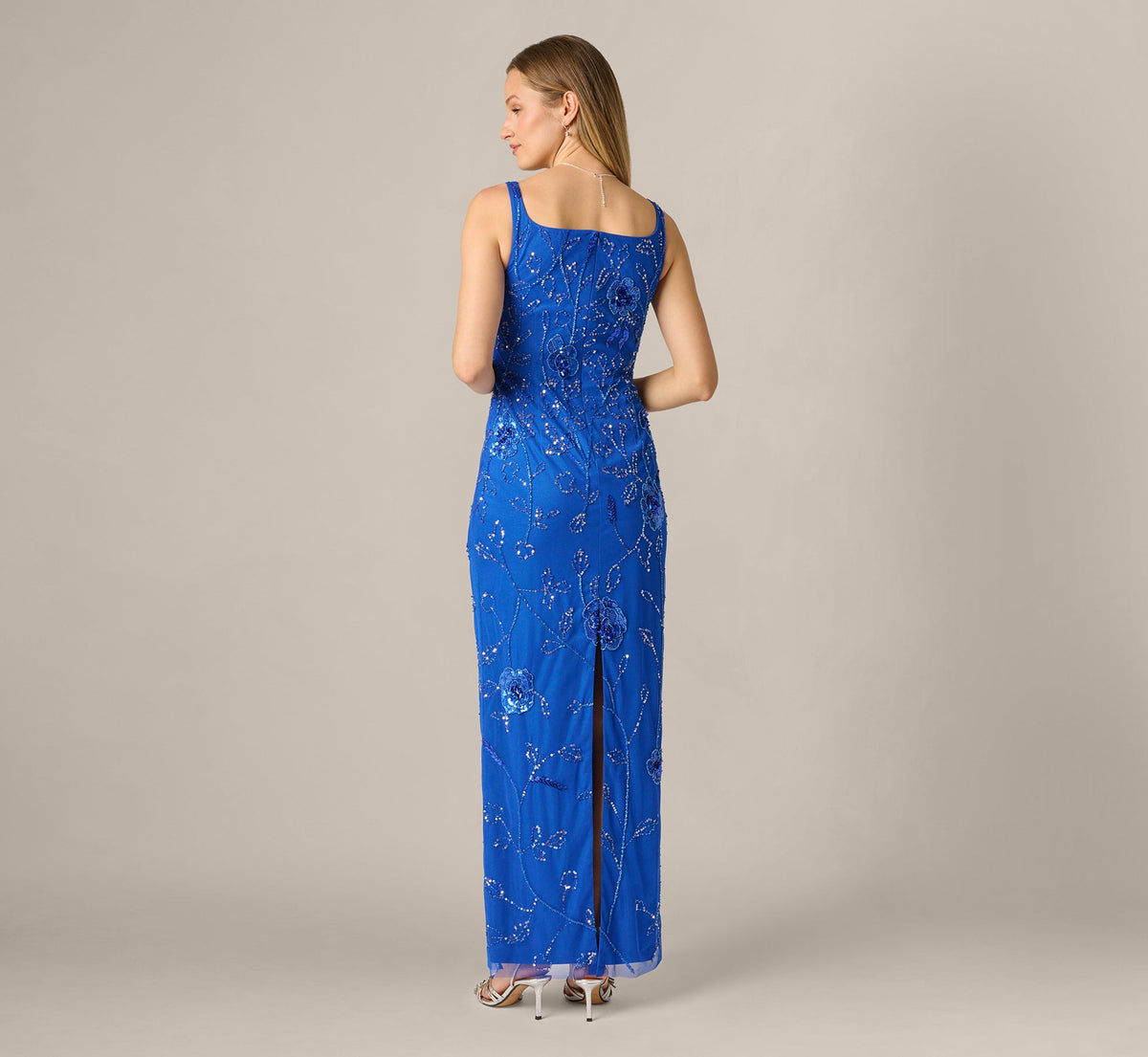 Sleeveless Floral Beaded Column Dress - Brilliant Sapphire | Adrianna Papell