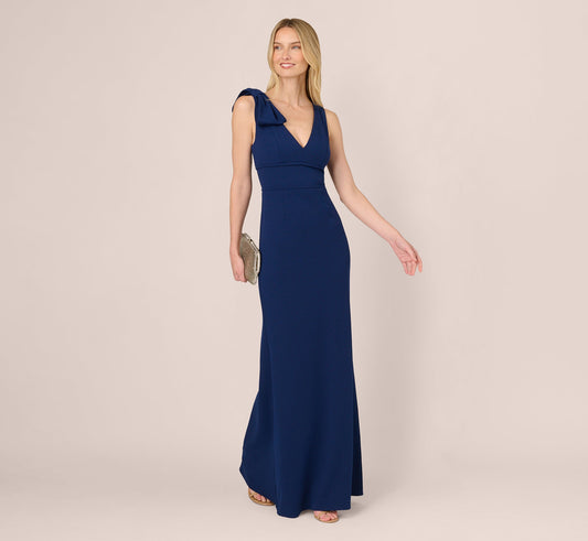 Sleeveless V Neck Bow Shoulder Gown - Navy Sateen | Adrianna Papell