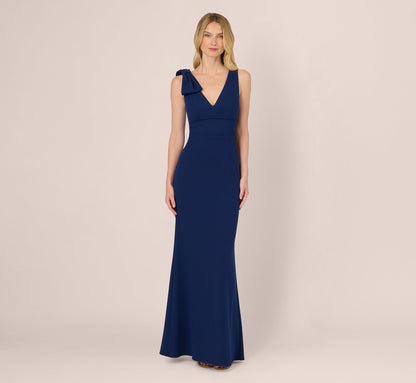 Sleeveless V Neck Bow Shoulder Gown - Navy Sateen | Adrianna Papell