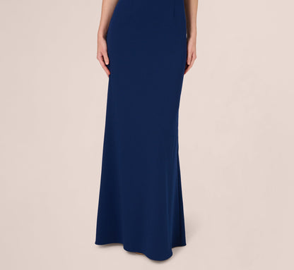 Sleeveless V Neck Bow Shoulder Gown - Navy Sateen | Adrianna Papell