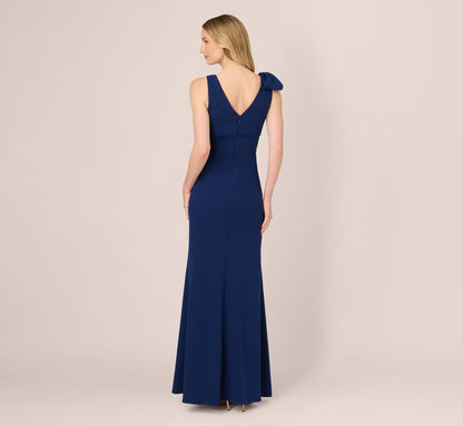 Sleeveless V Neck Bow Shoulder Gown - Navy Sateen | Adrianna Papell
