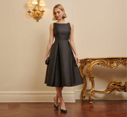 Sleeveless Mikado Fit And Flare Midi Dress With V-Back - Black | Adrianna Papell