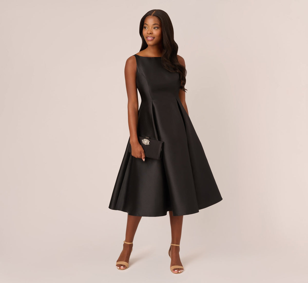 Sleeveless Mikado Fit And Flare Midi Dress With V-Back - Black | Adrianna Papell