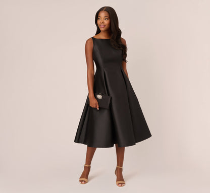 Sleeveless Mikado Fit And Flare Midi Dress With V-Back - Black | Adrianna Papell